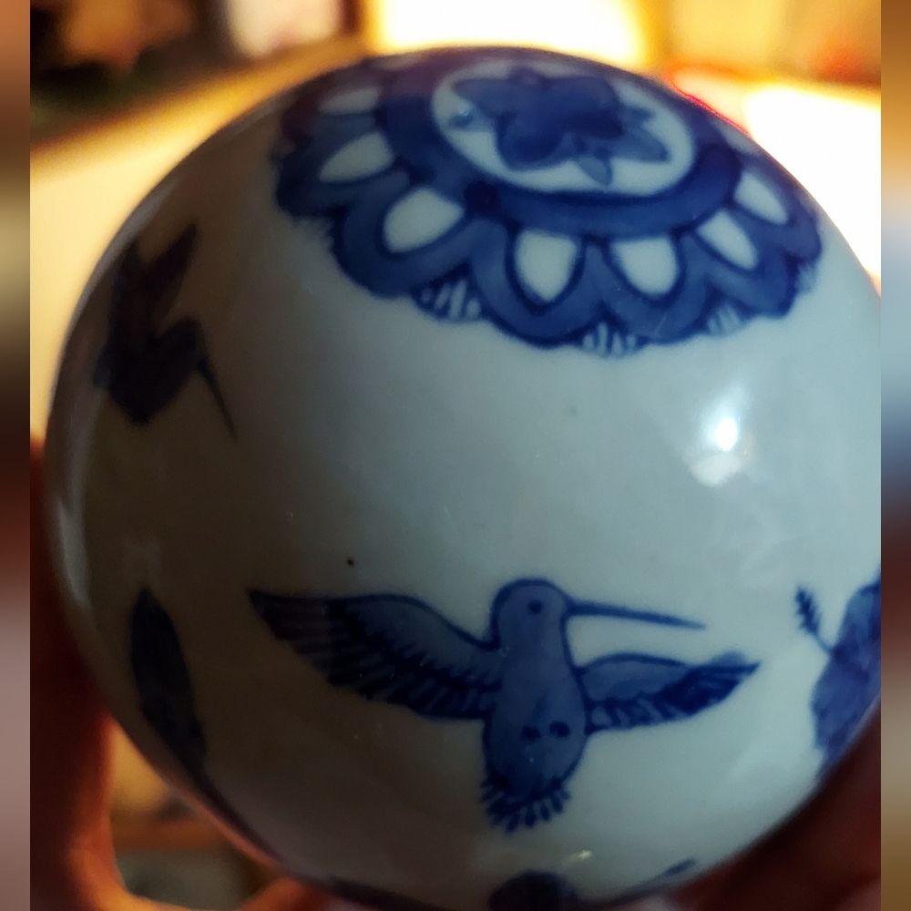2 Artisan Blue Bird & White Ceramic Bird Sphere For Christmas